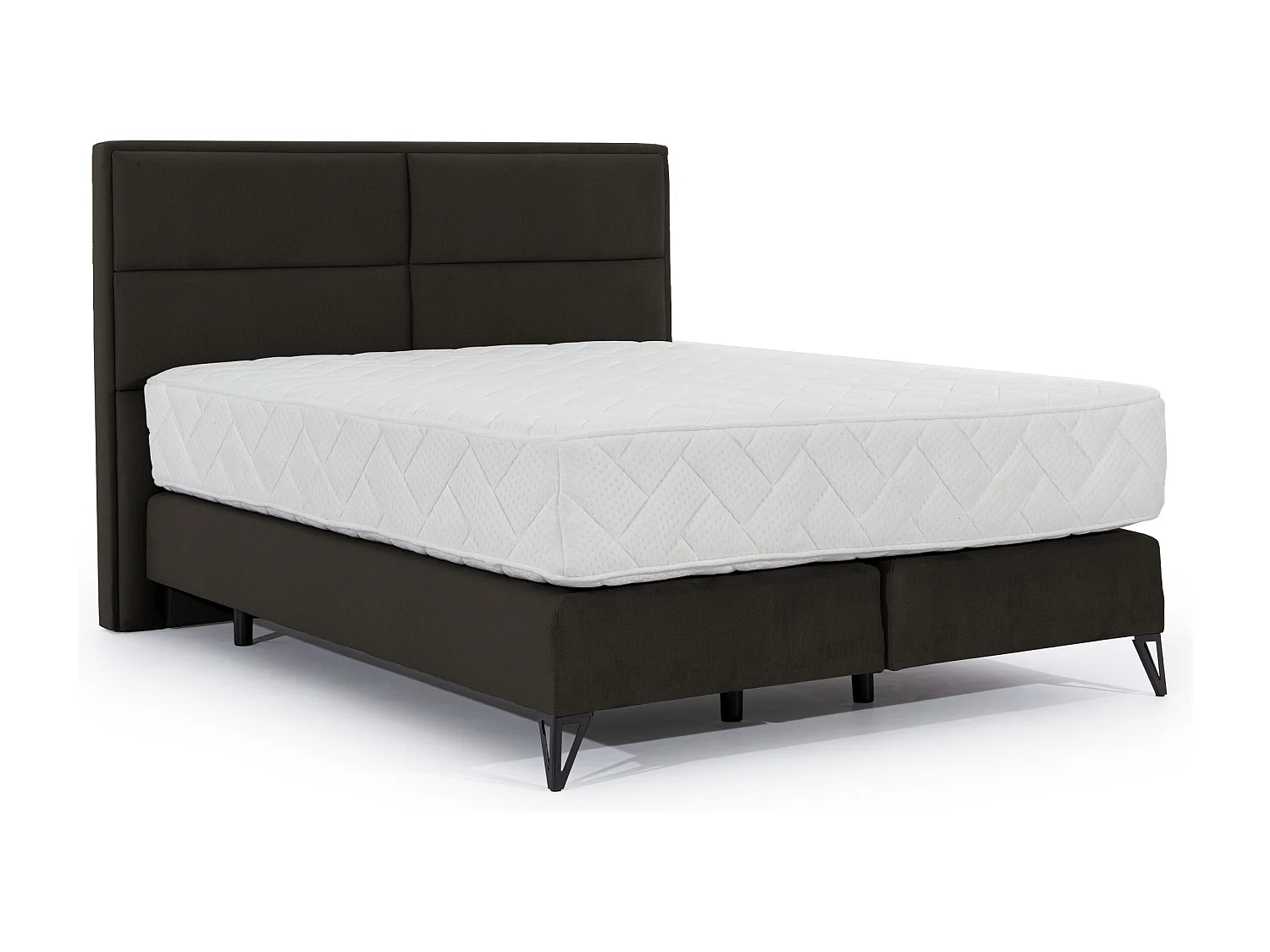 Lit continental tissu marron Tiempo avec matelas 30cm en latex et pied métal noir-160x200