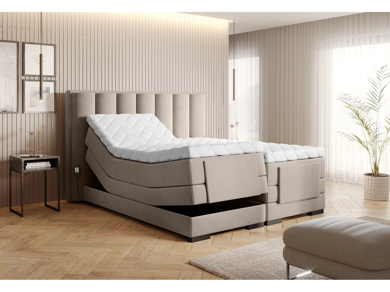 Lit boxspring électrique velours beige avec matelas et surmatelas Arkos-140x200