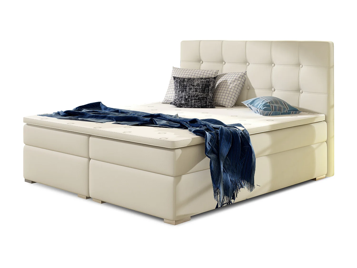 Lit boxspring simili cuir beige clair avec matelas et surmatelas Kavin-140x200