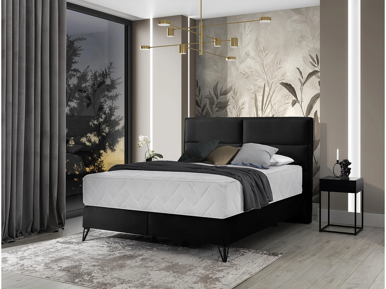 Lit continental velours noir Tiempo avec matelas 30cm en latex et pied métal noir-180x200
