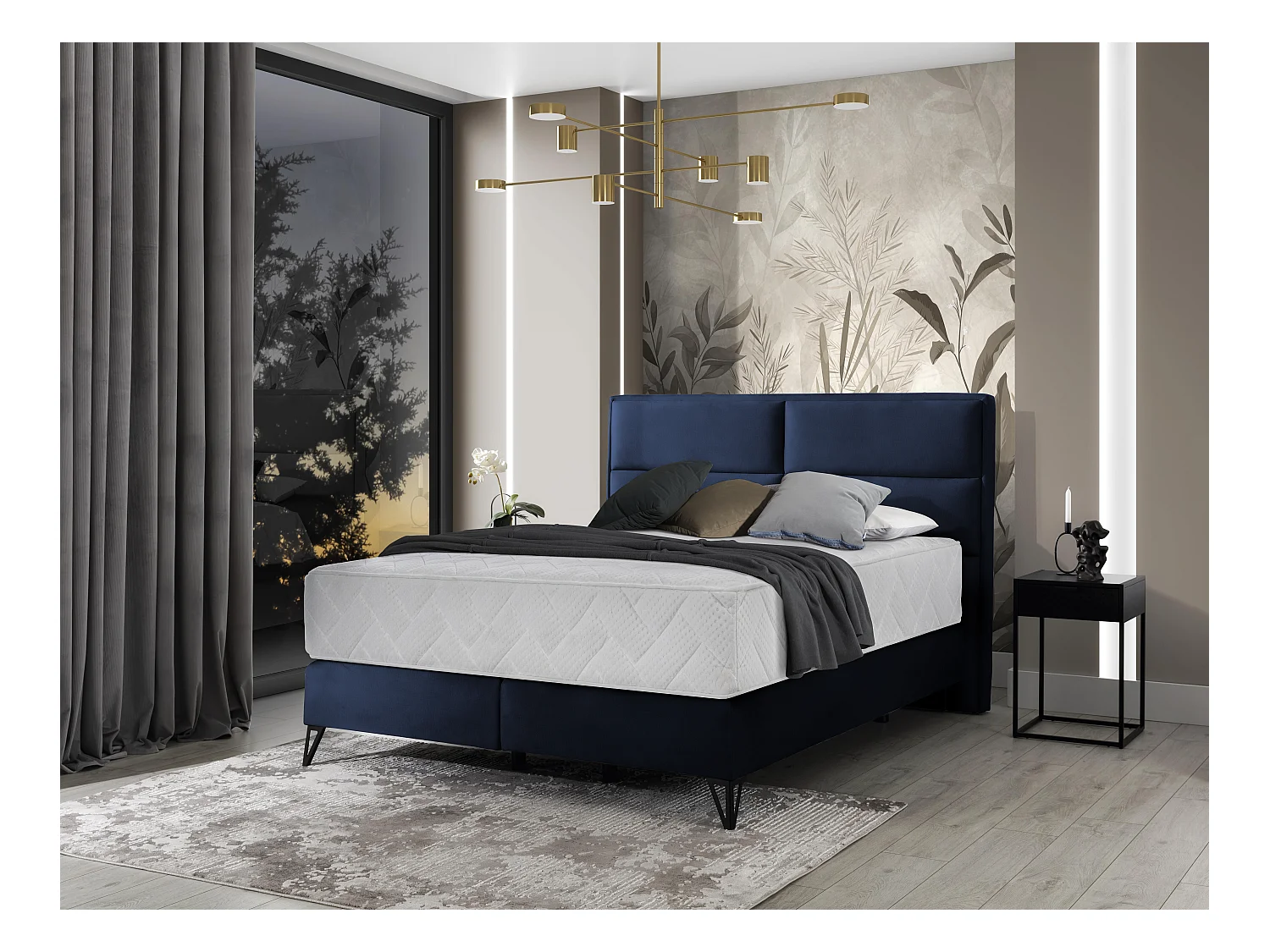 Lit continental velours bleu nuit Tiempo avec matelas 30cm en latex et pied métal noir-140x200