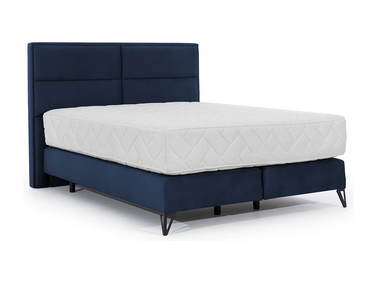 Lit continental velours bleu nuit Tiempo avec matelas 30cm en latex et pied métal noir-140x200