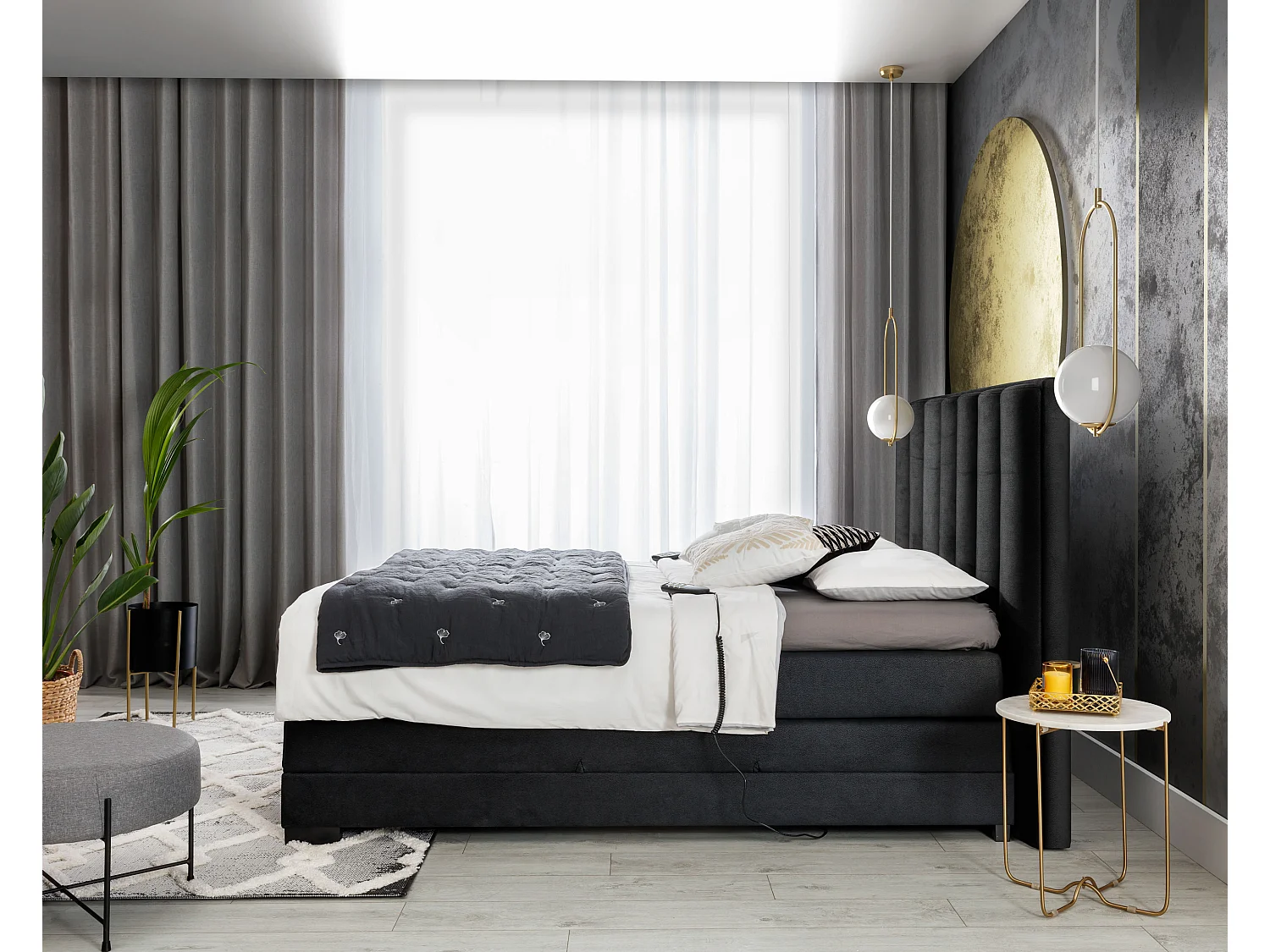 Lit boxspring électrique tissu bleu lavande avec matelas et surmatelas Arkos-90x200