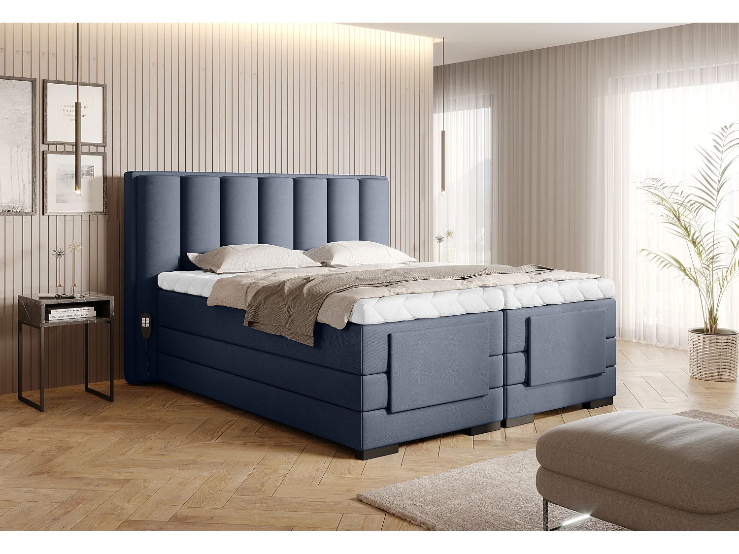 Lit boxspring électrique tissu bleu lavande avec matelas et surmatelas Arkos-90x200
