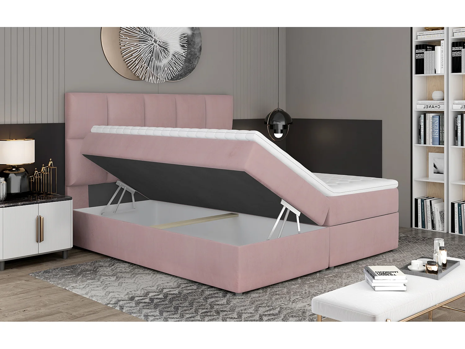 Lit boxspring simili cuir blanc avec matelas et surmatelas Lizen-Couchage 160x200 cm