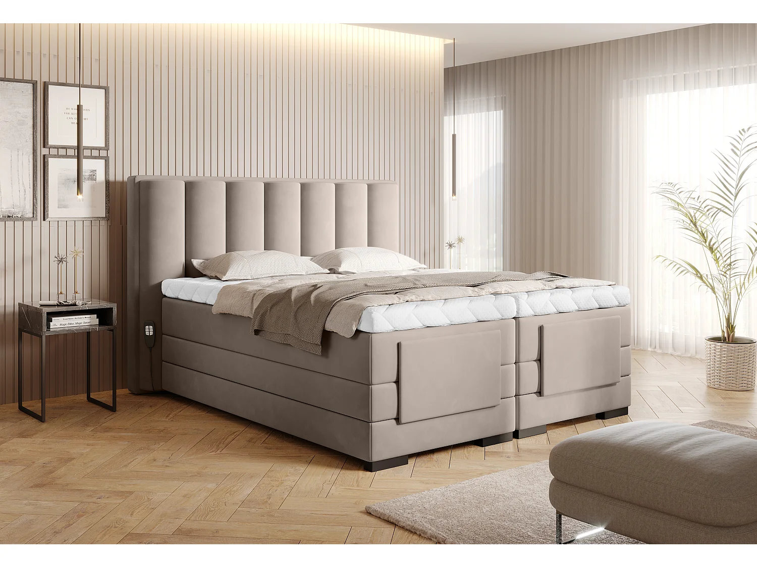 Lit boxspring électrique velours beige avec matelas et surmatelas Arkos-90x200
