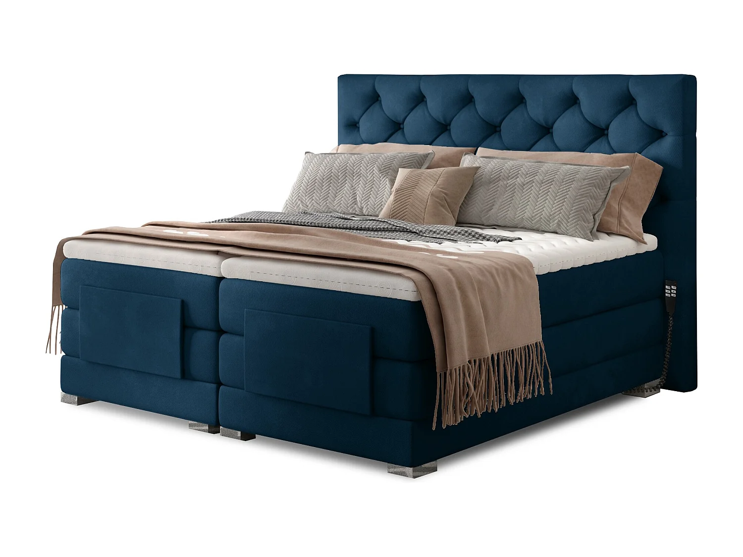 Lit continental électrique velours bleu avec matelas et surmatelas Karmen-180x200
