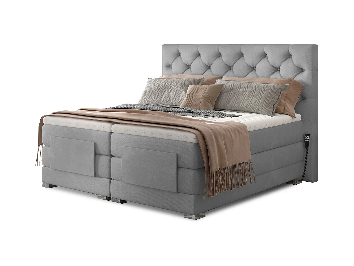 Lit continental électrique velours gris clair avec matelas et surmatelas Karmen-140x200