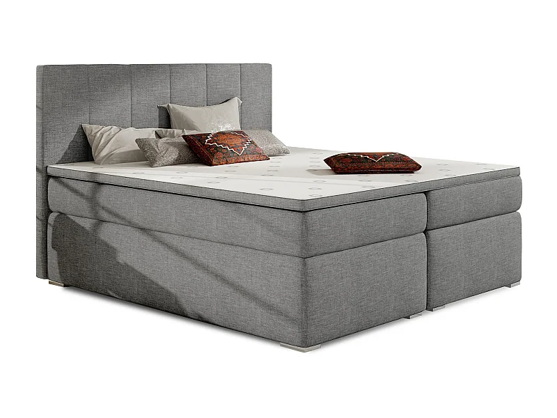 Lit continental tissu gris clair avec matelas et surmatelas Louna-140x200