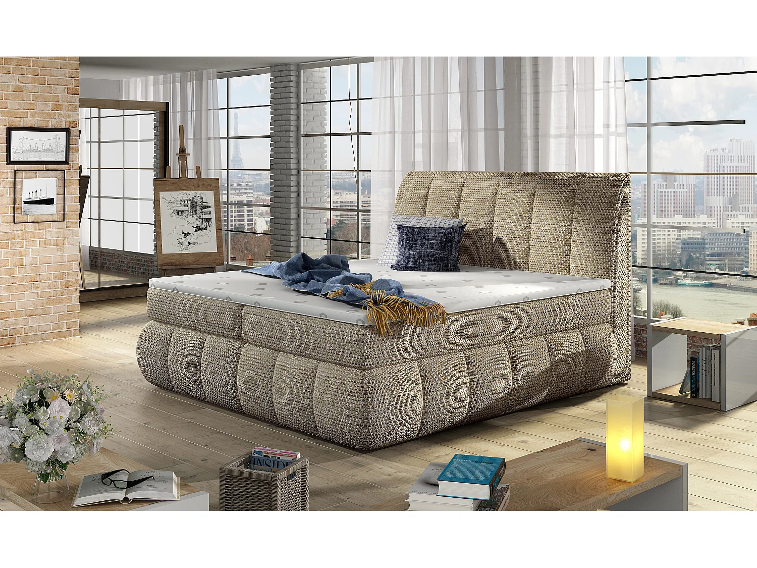 Lit continental matelassé tissu beige clair chiné Florencia-180x200