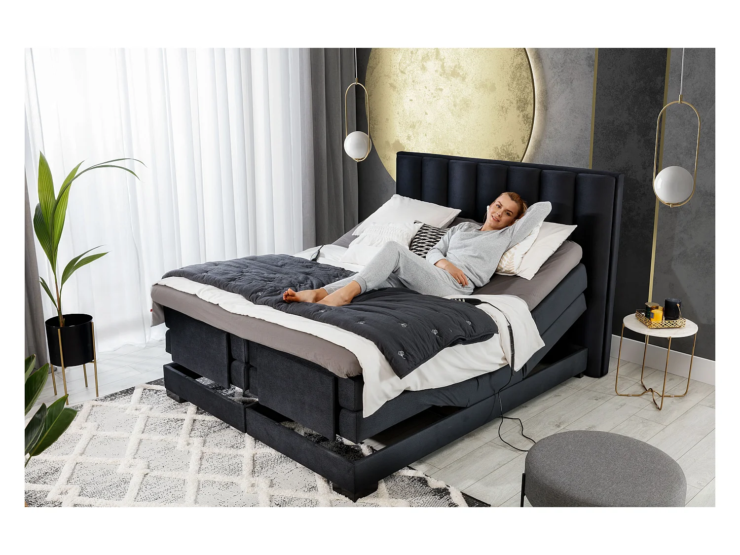 Lit boxspring électrique tissu bleu avec matelas et surmatelas Arkos-90x200