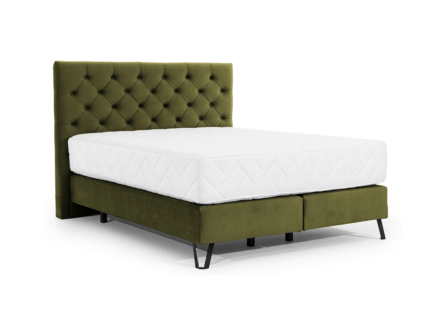 Lit continental capitonné tissu vert olive Pozza avec matelas 30cm en latex et pied métal noir-160x200