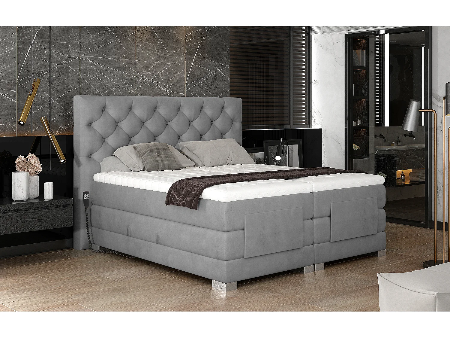 Lichtgrijs fluwelen elektrisch continentaal bed met Karmen-matras en topper-Slapen 180x200cm