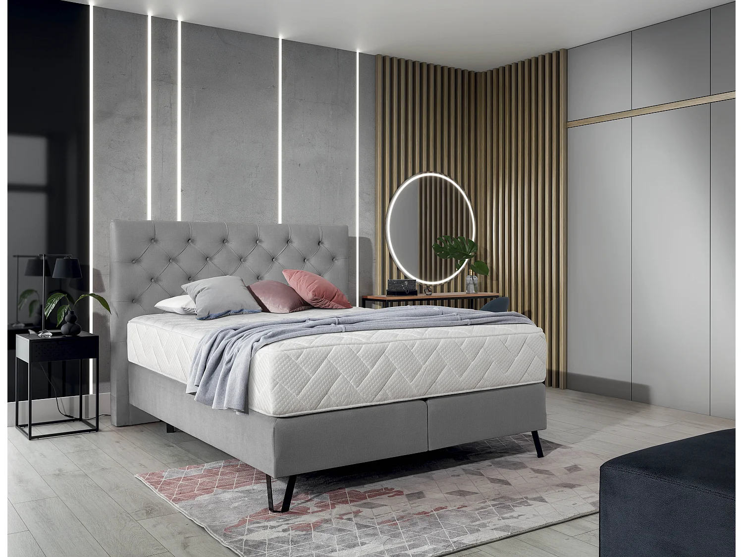 Pozza lichtgrijs, met stof bekleed continentaal bed met latexmatras van 30 cm en zwart metalen poot-Slapen 180x200cm