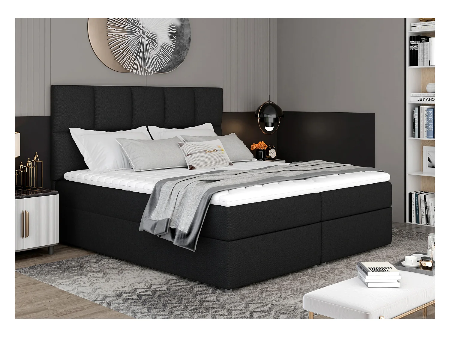Lit boxspring tissu noir avec matelas et surmatelas Lizen-Couchage 140x200 cm