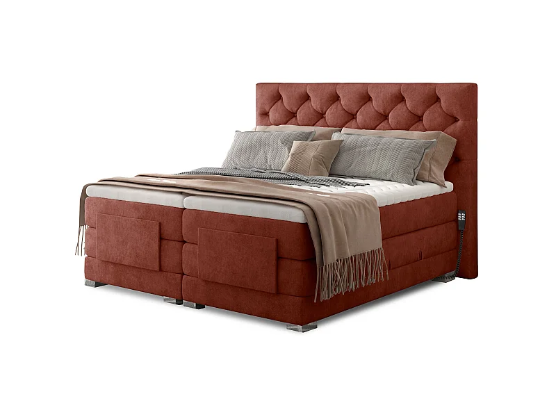 Lit continental électrique tissu rouge tomette avec matelas et surmatelas Karmen-90x200