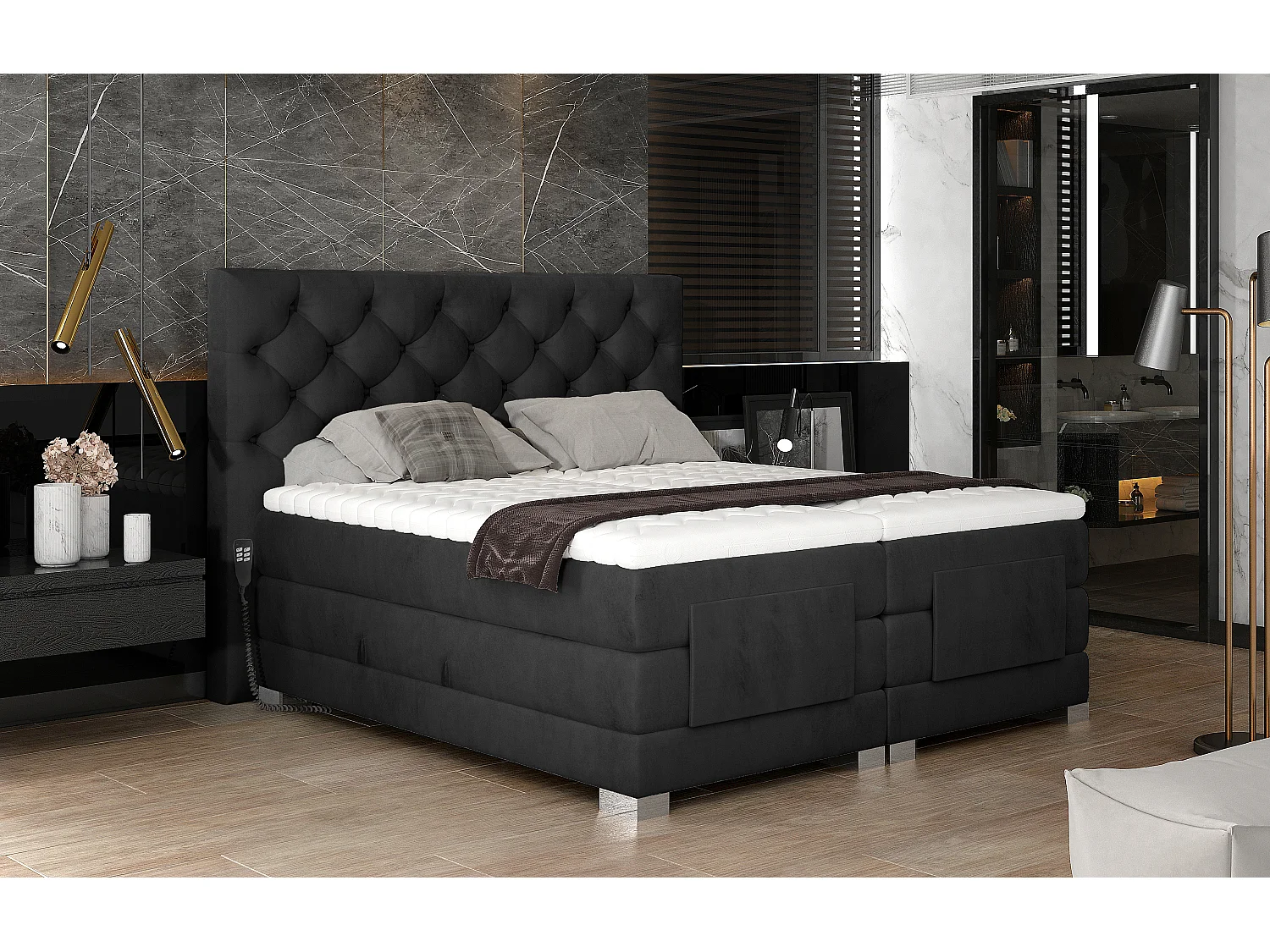 Lit continental électrique velours noir avec matelas et surmatelas Karmen-90x200