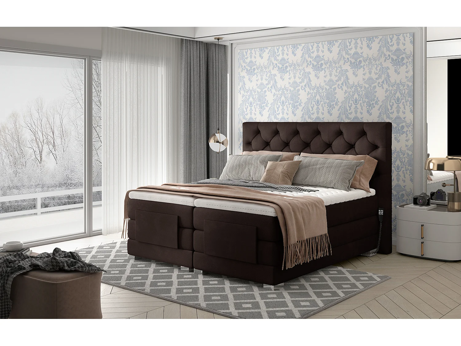 Lit continental électrique velours marron foncé avec matelas et surmatelas Karmen-140x200