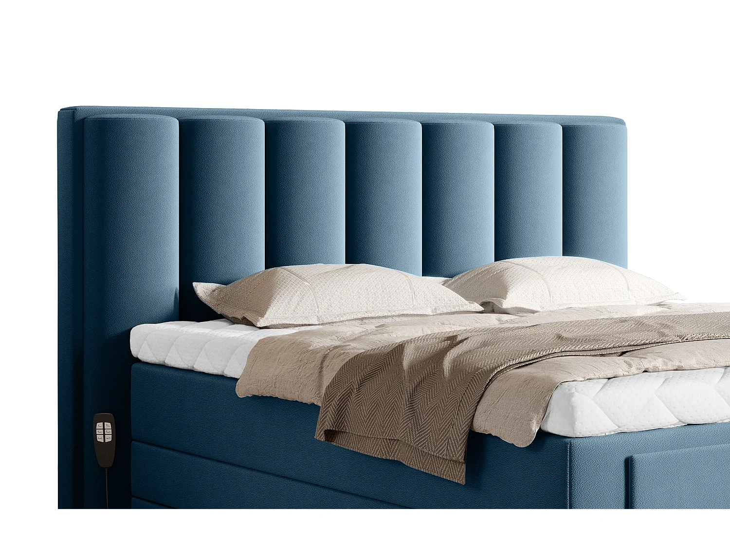 Elektrisch boxspringbed in eendenblauwe stof met Arkos matras en bovenmatras-Slapen 180x200cm