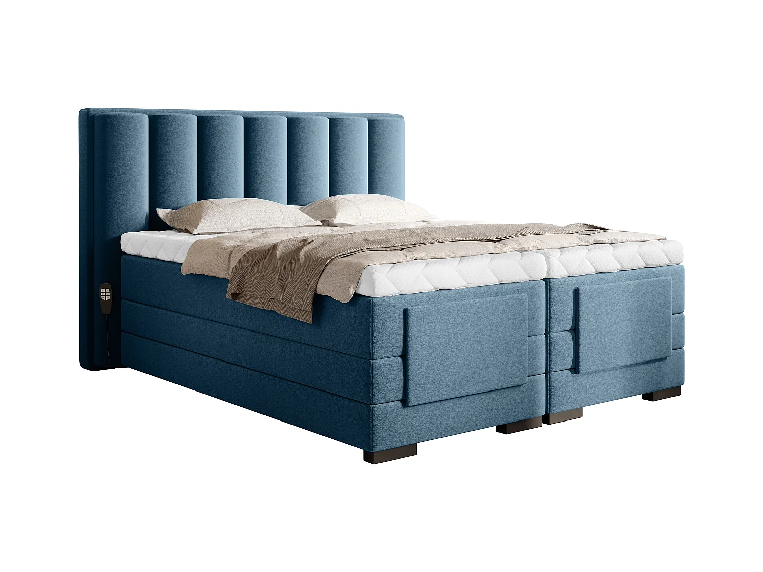 Lit boxspring électrique tissu bleu canard avec matelas et surmatelas Arkos-180x200