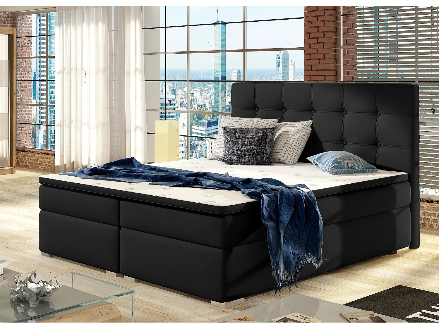 Lit boxspring simili cuir noir avec matelas et surmatelas Kavin-140x200