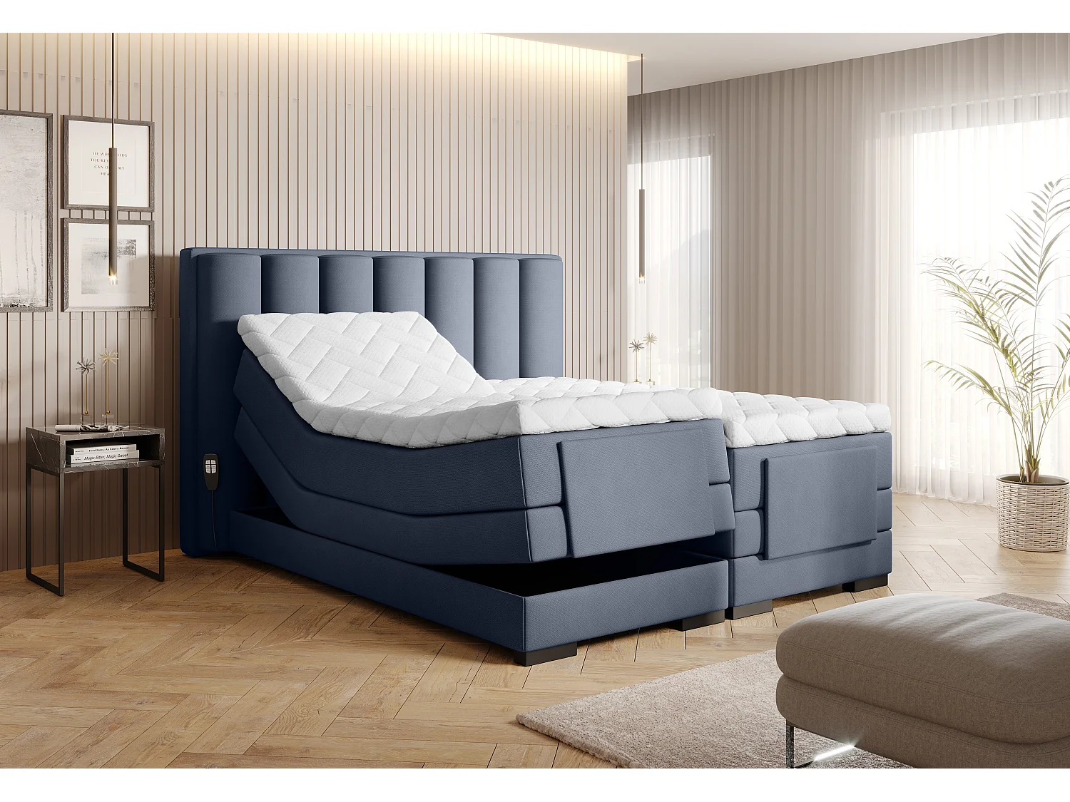 Elektrisch boxspringbed in lavendelblauwe stof met Arkos matras en topper-Slapen 140x200cm