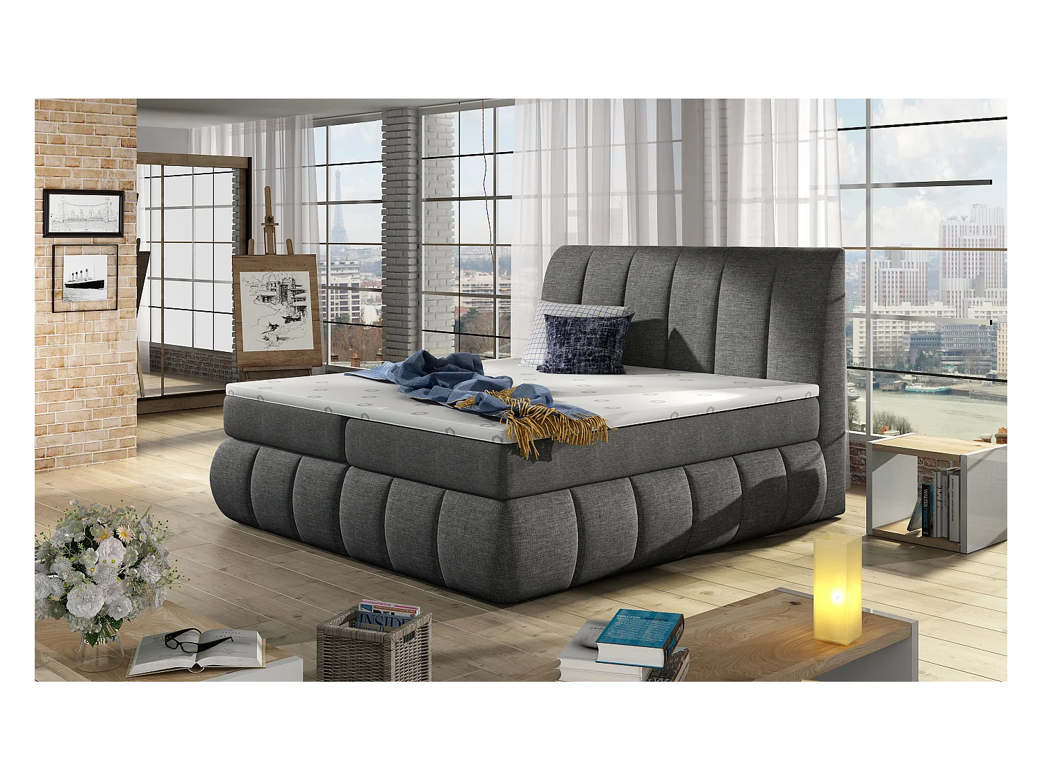 Lit continental matelassé tissu gris foncé Florencia-140x200