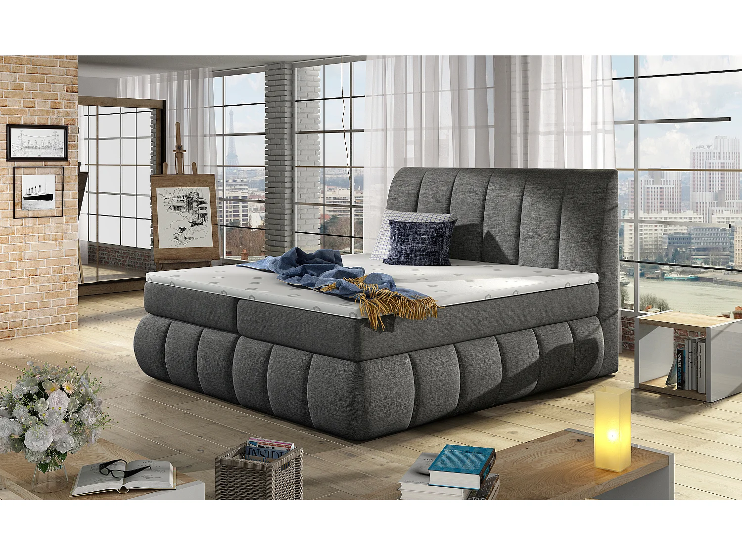 Lit continental matelassé tissu gris foncé Florencia-140x200