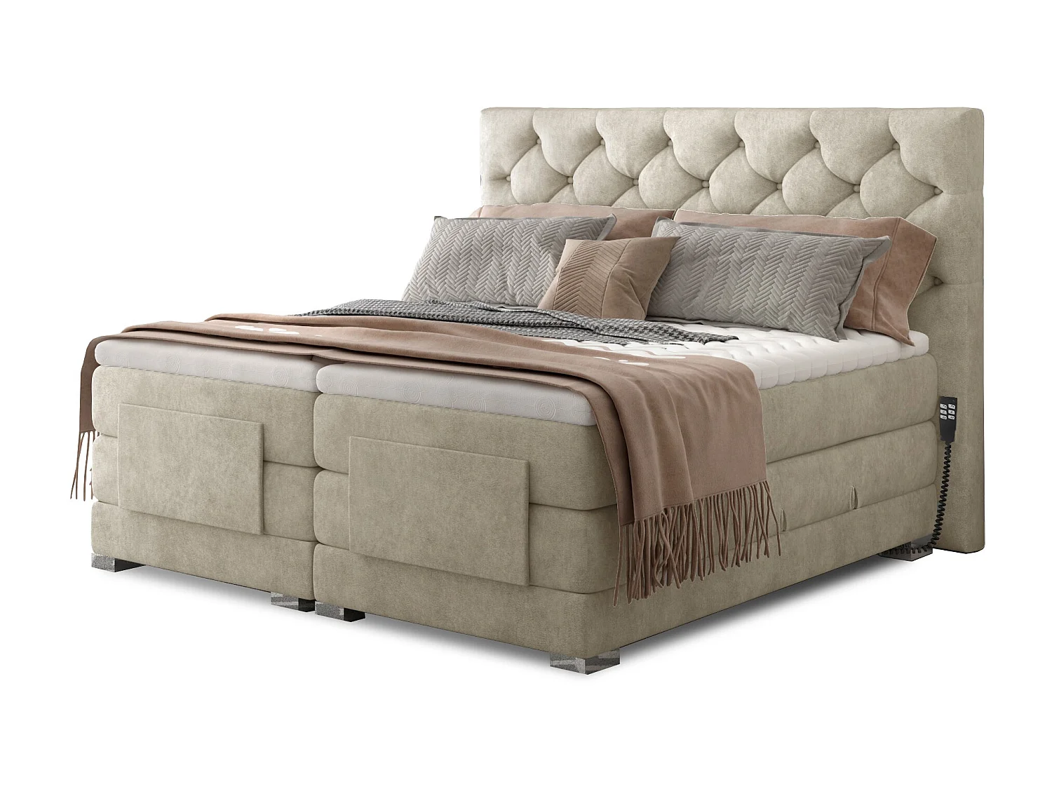 Lit continental électrique tissu beige clair avec matelas et surmatelas Karmen-90x200