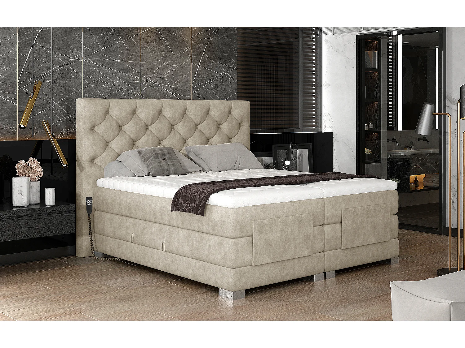 Lit continental électrique tissu beige clair avec matelas et surmatelas Karmen-90x200