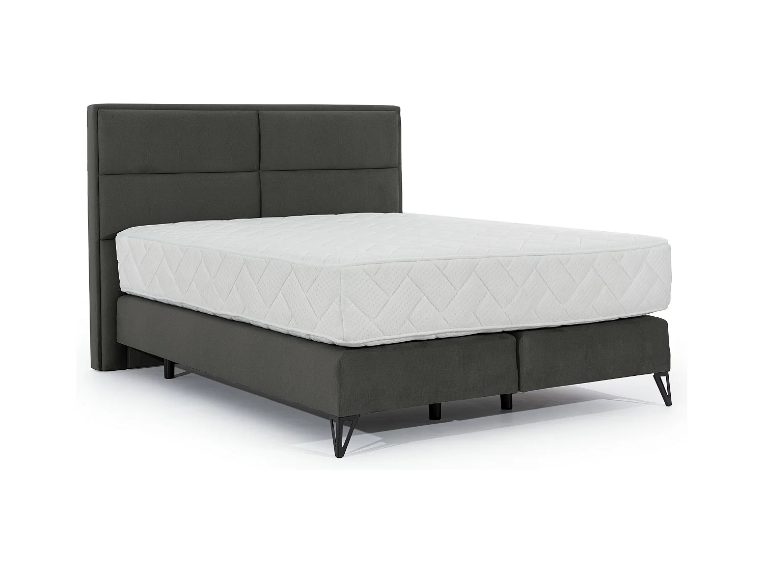 Lit continental tissu gris foncé Tiempo avec matelas 30cm en latex et pied métal noir-160x200