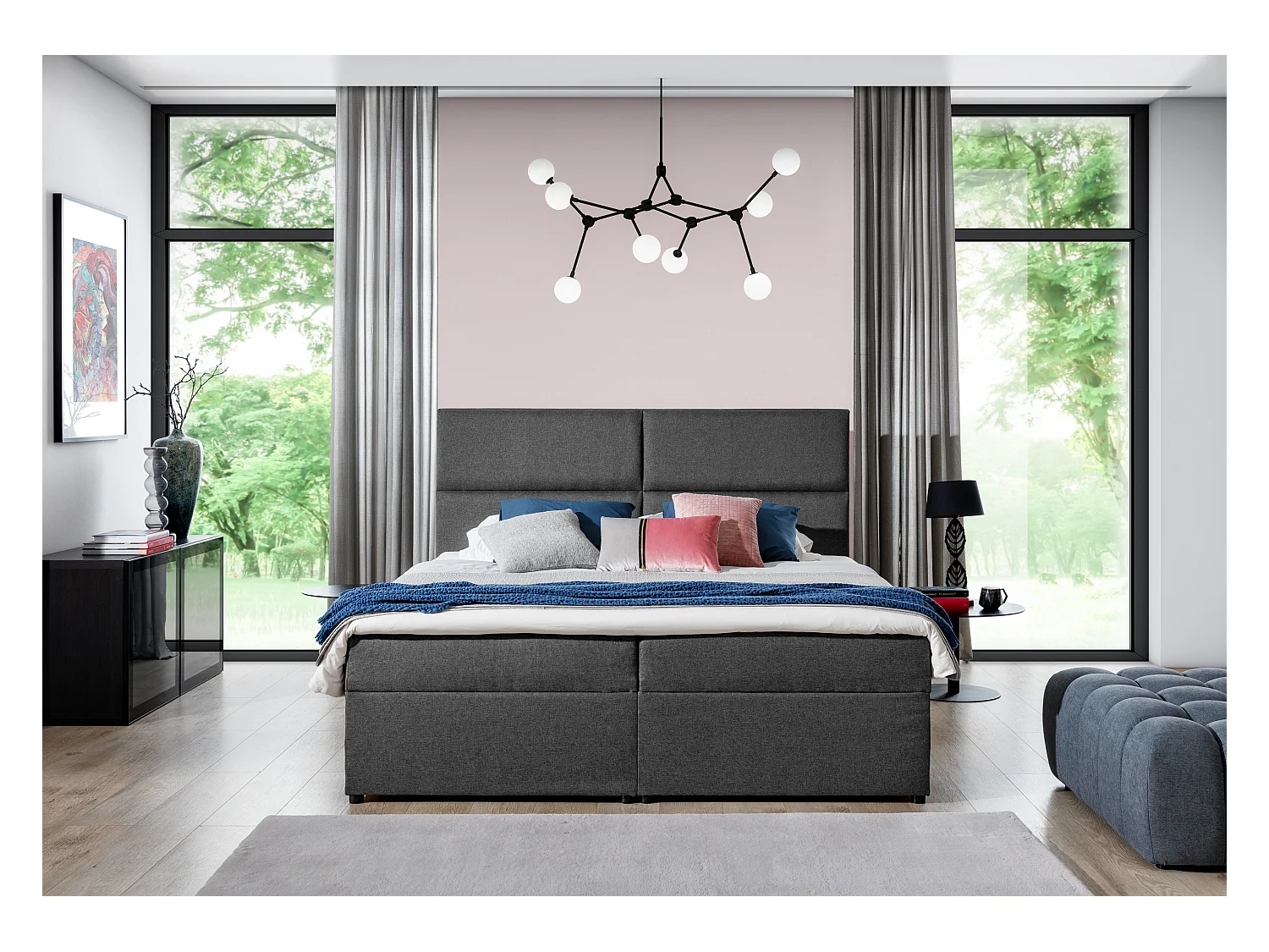 Lit continental capitonné velours marron clair Weber-180x200