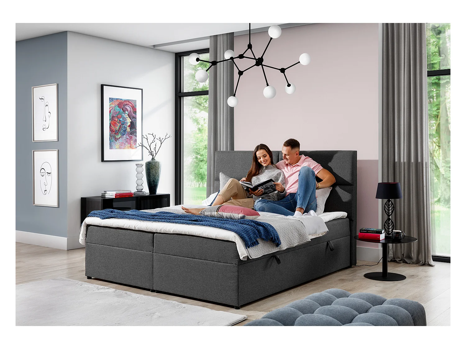 Lit continental capitonné velours marron clair Weber-180x200