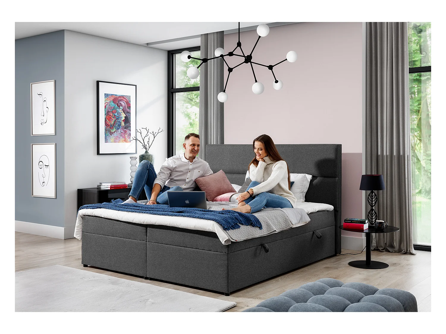 Lit continental capitonné velours marron clair Weber-180x200