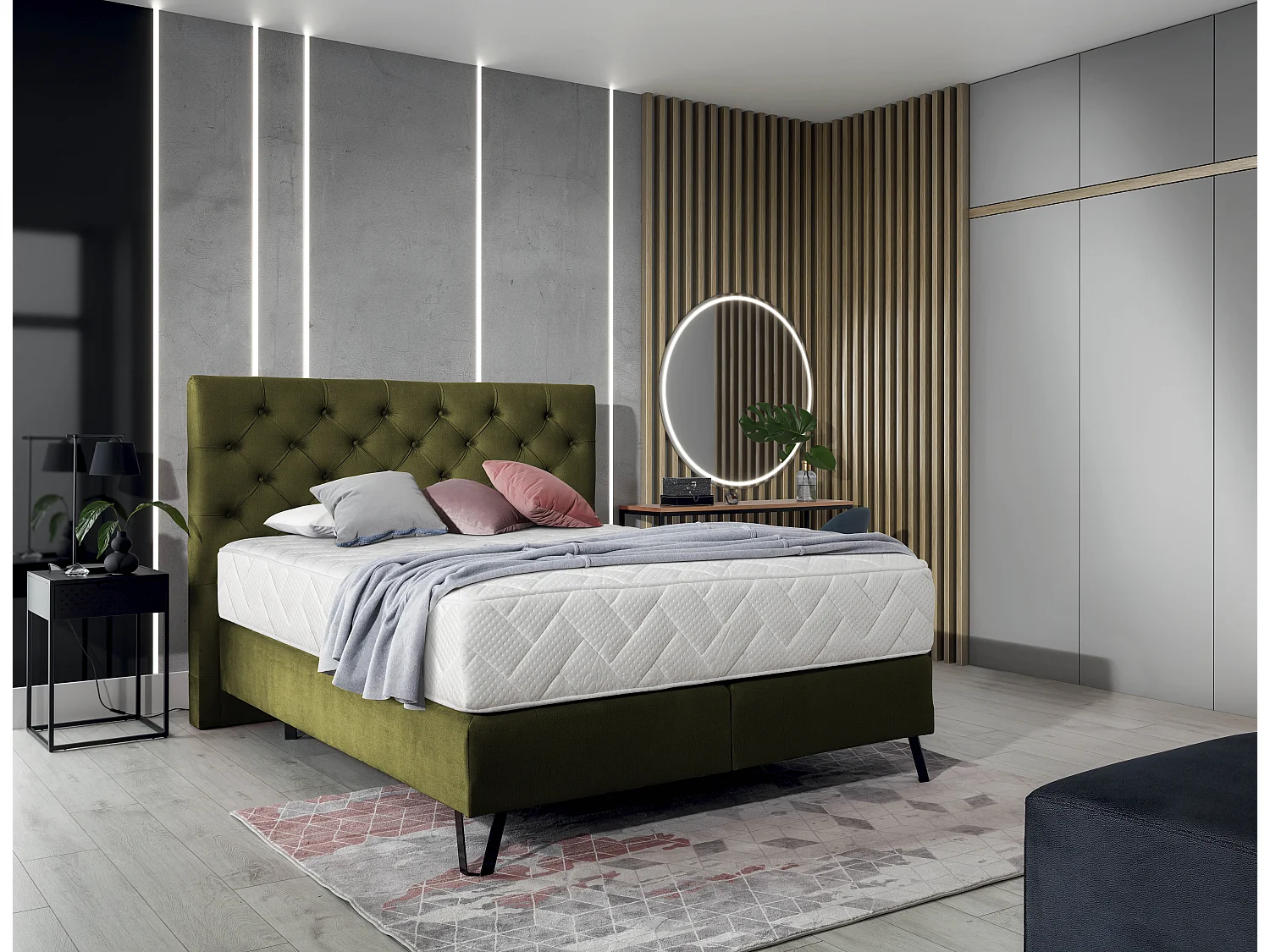 Lit continental capitonné tissu vert olive Pozza avec matelas 30cm en latex et pied métal noir-140x200