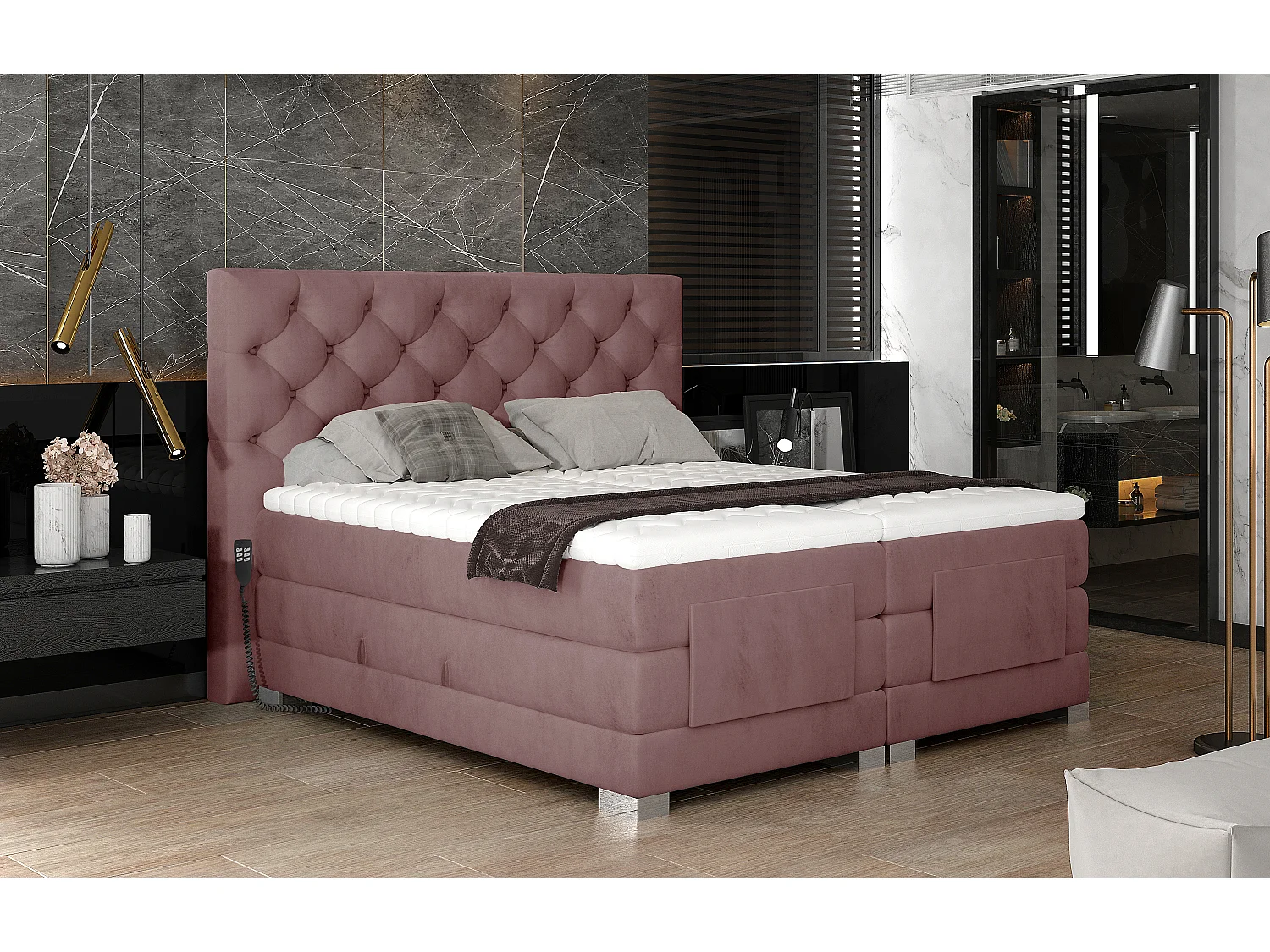 Lit continental électrique velours rose clair avec matelas et surmatelas Karmen-180x200