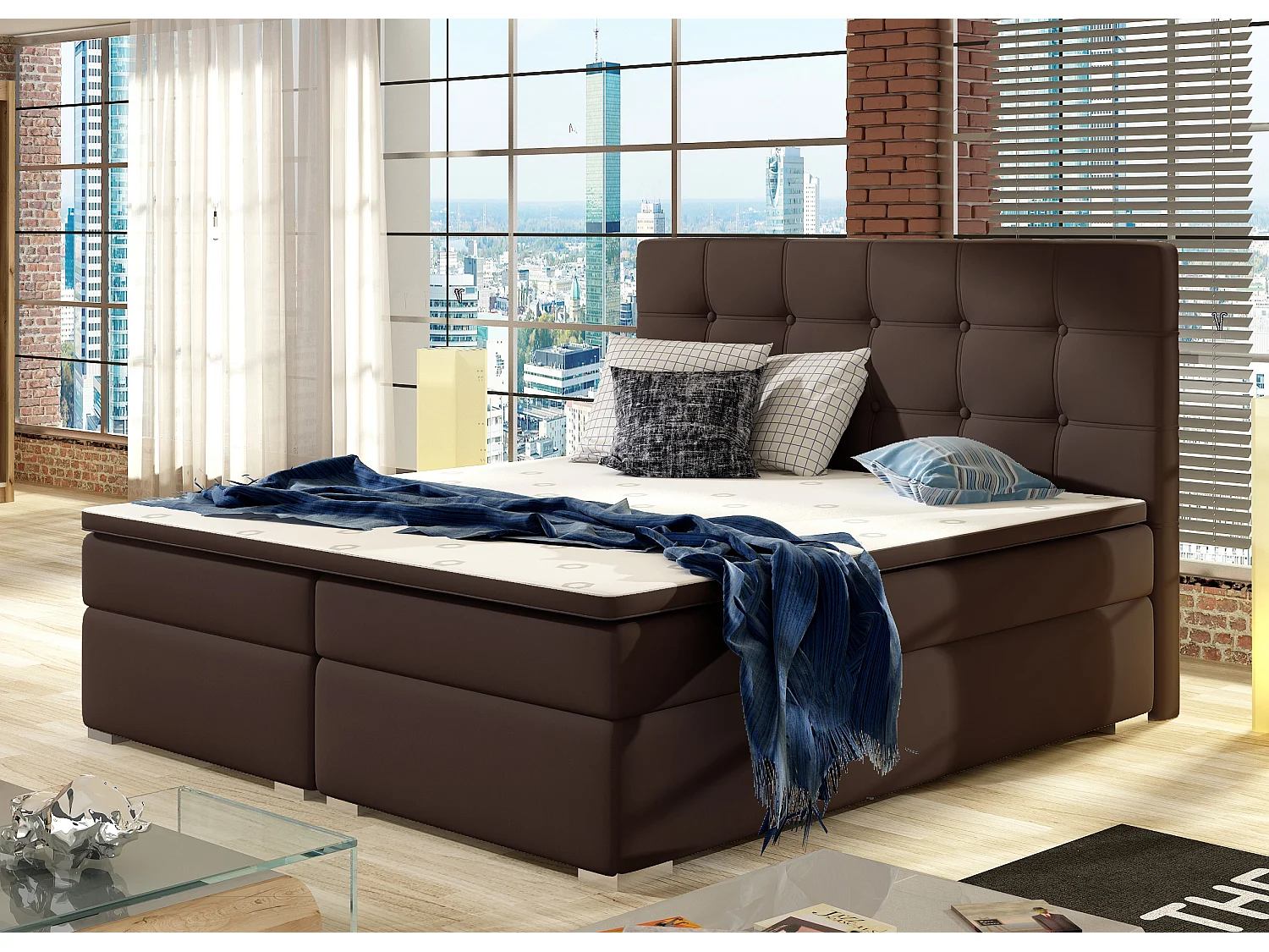 Lit boxspring simili cuir marron avec matelas et surmatelas Kavin-140x200