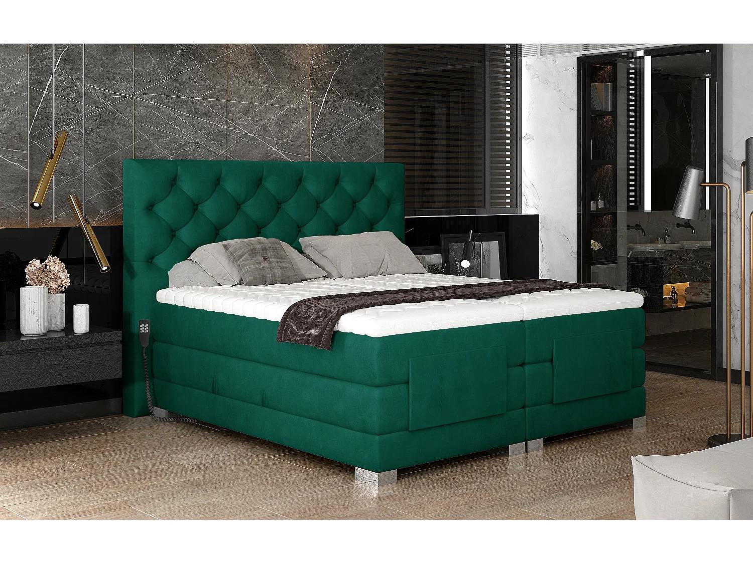 Lit continental électrique velours vert avec matelas et surmatelas Karmen-160x200