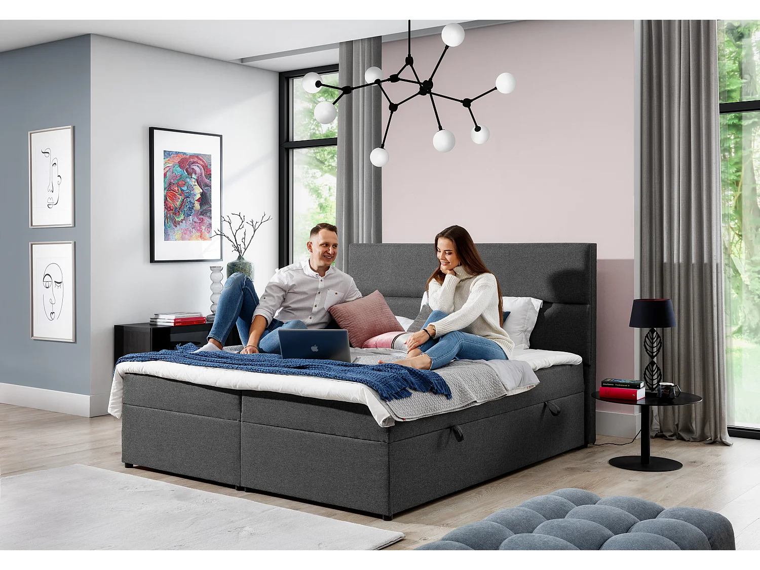 Lit continental capitonné tissu noir Weber-160x200