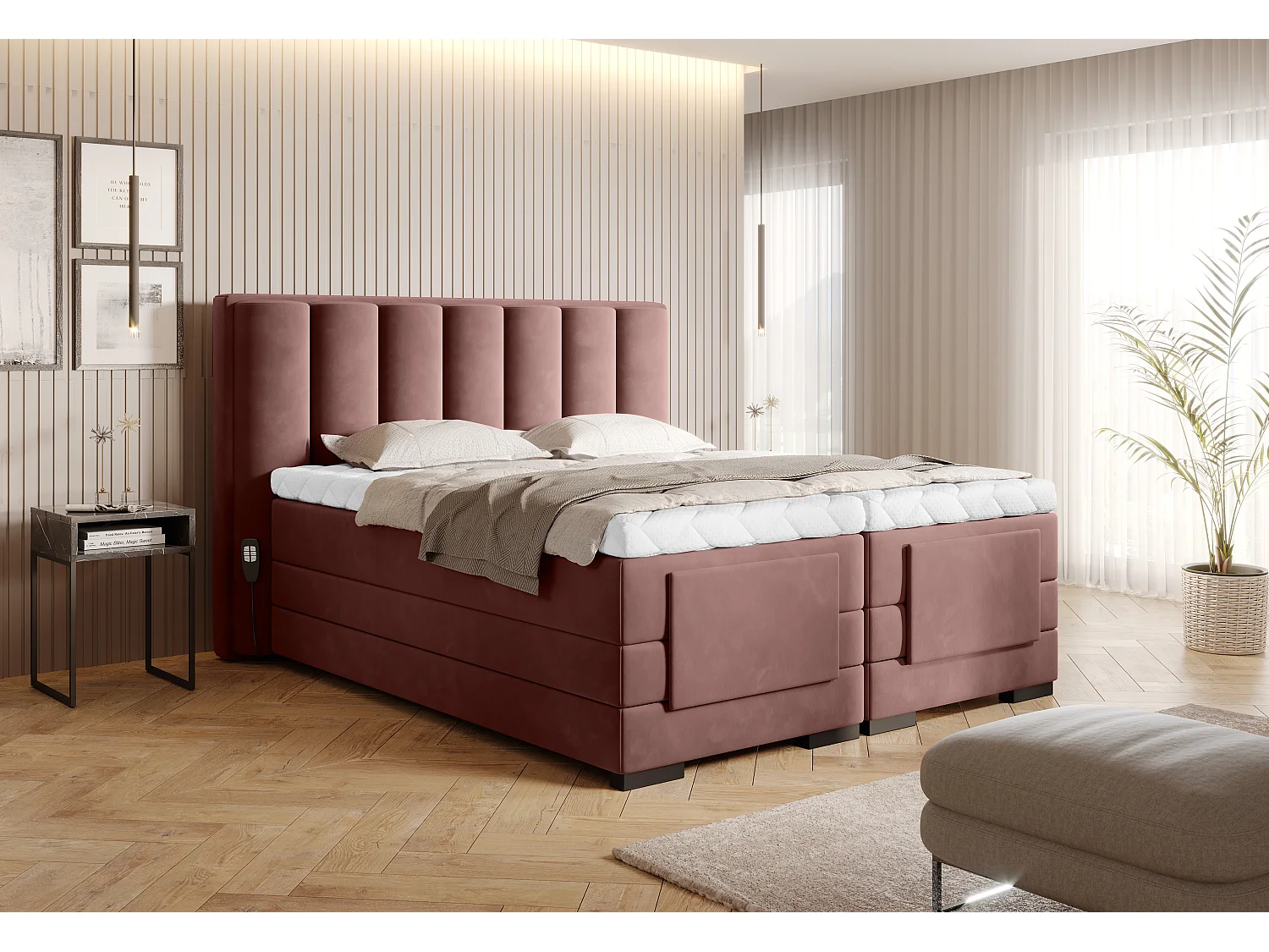 Lit boxspring électrique tissu rouille avec matelas et surmatelas Arkos-160x200