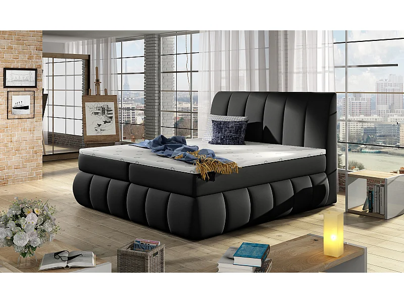 Lit continental matelassé simili cuir noir Florencia-160x200