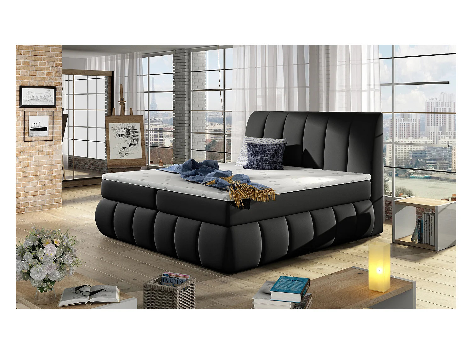 Lit continental matelassé simili cuir noir Florencia-160x200