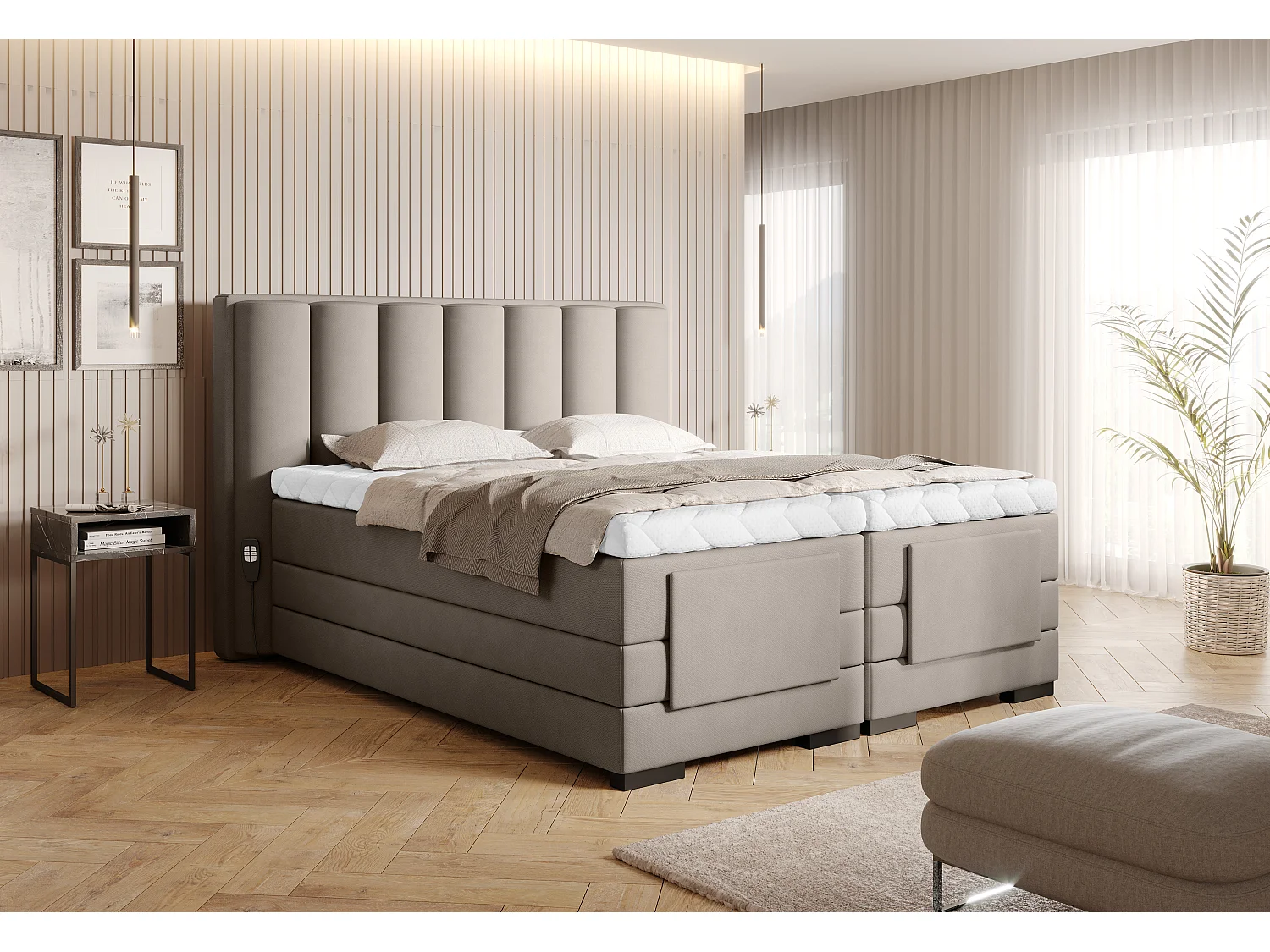 Lit boxspring électrique tissu beige clair avec matelas et surmatelas Arkos-160x200