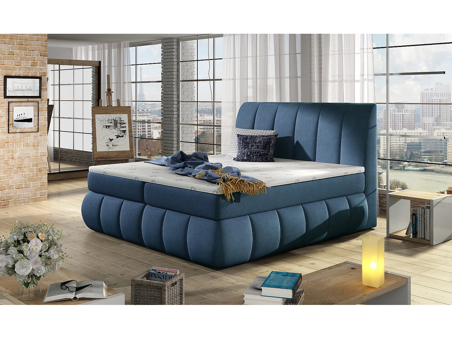 Lit continental matelassé tissu bleu Florencia-140x200