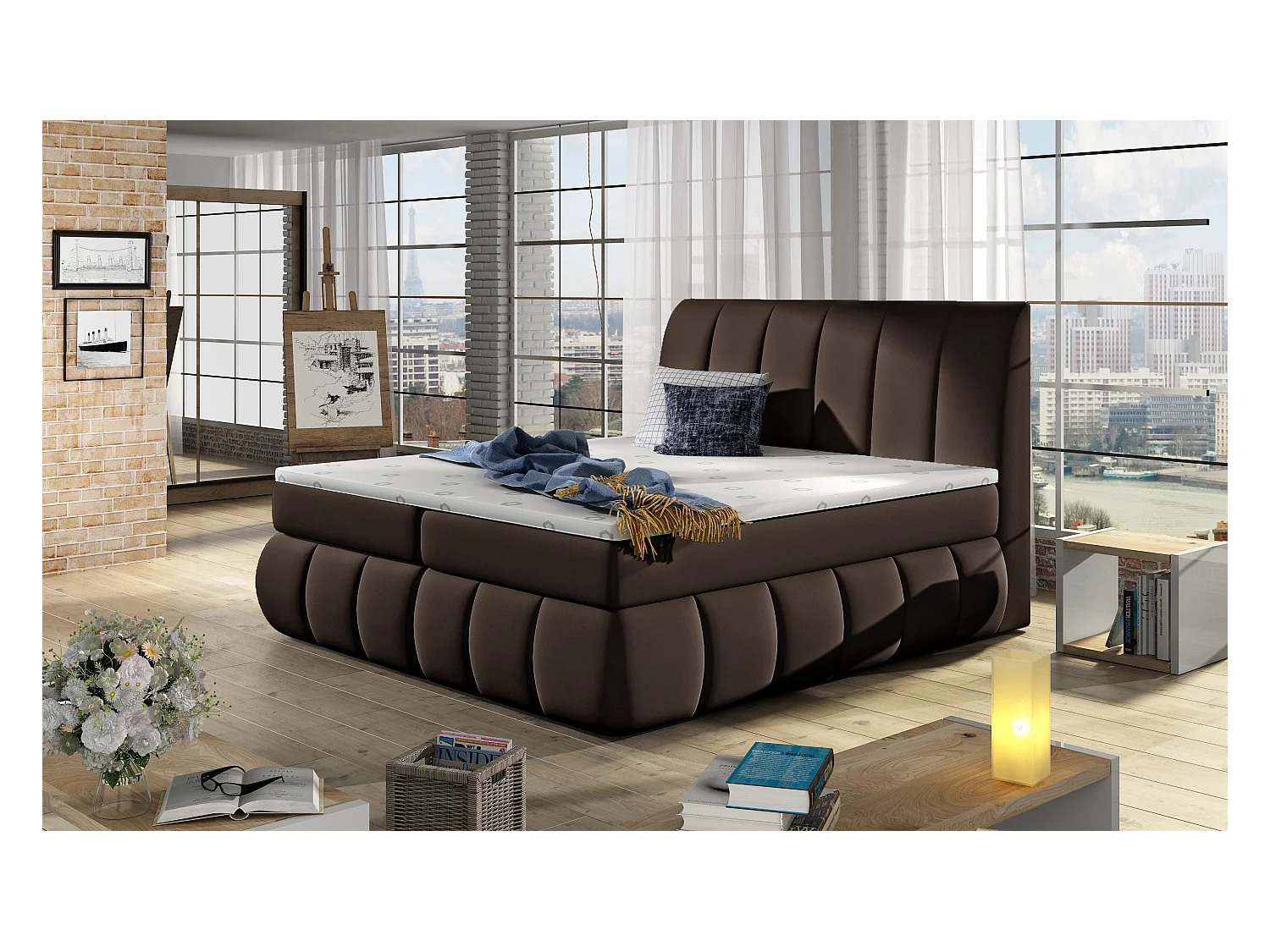 Lit continental matelassé simili cuir marron Florencia-140x200