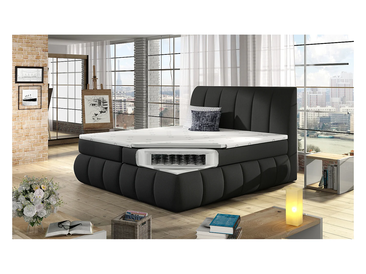 Lit continental matelassé simili cuir marron Florencia-140x200