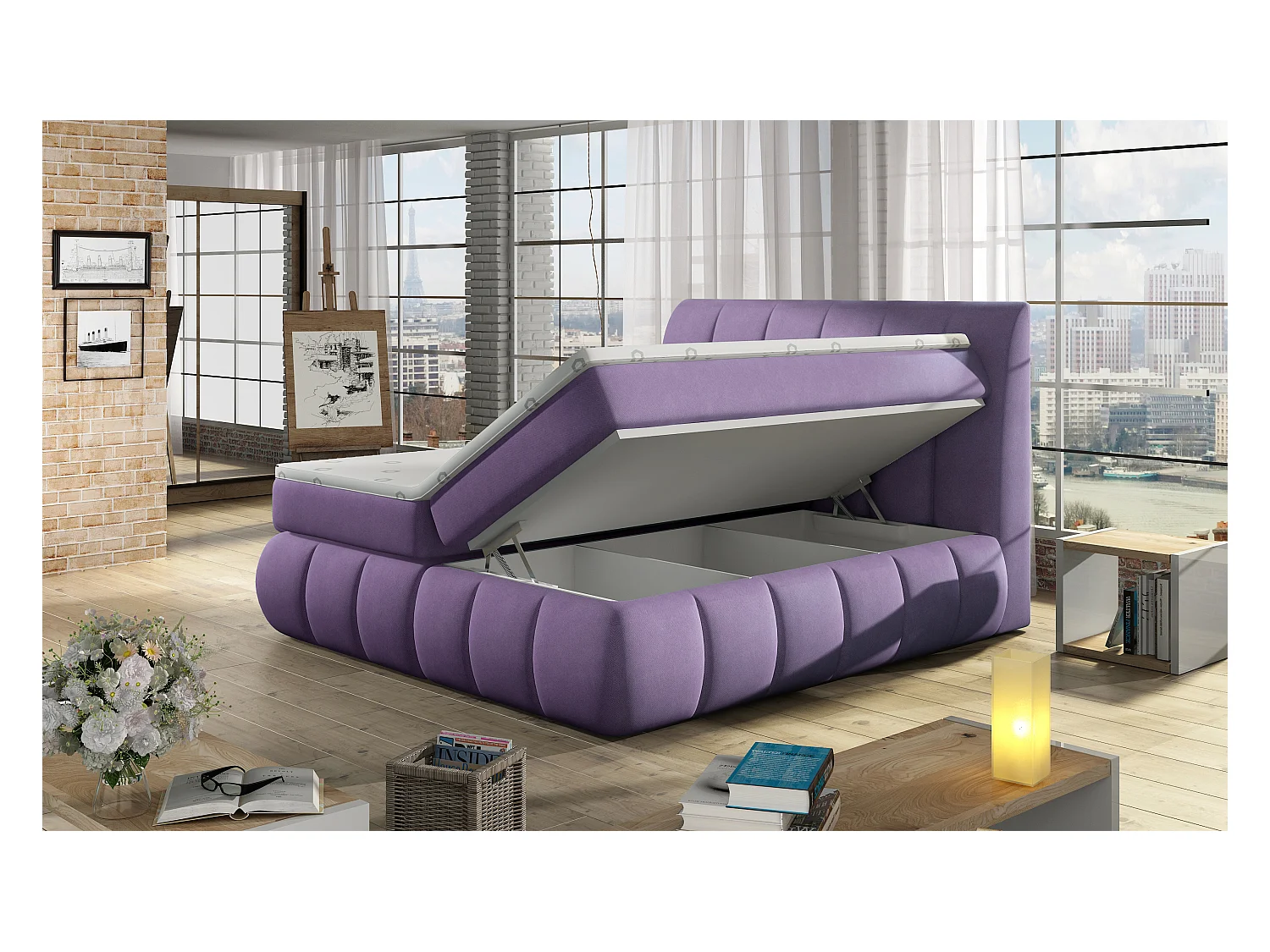 Lit continental matelassé simili cuir marron Florencia-140x200