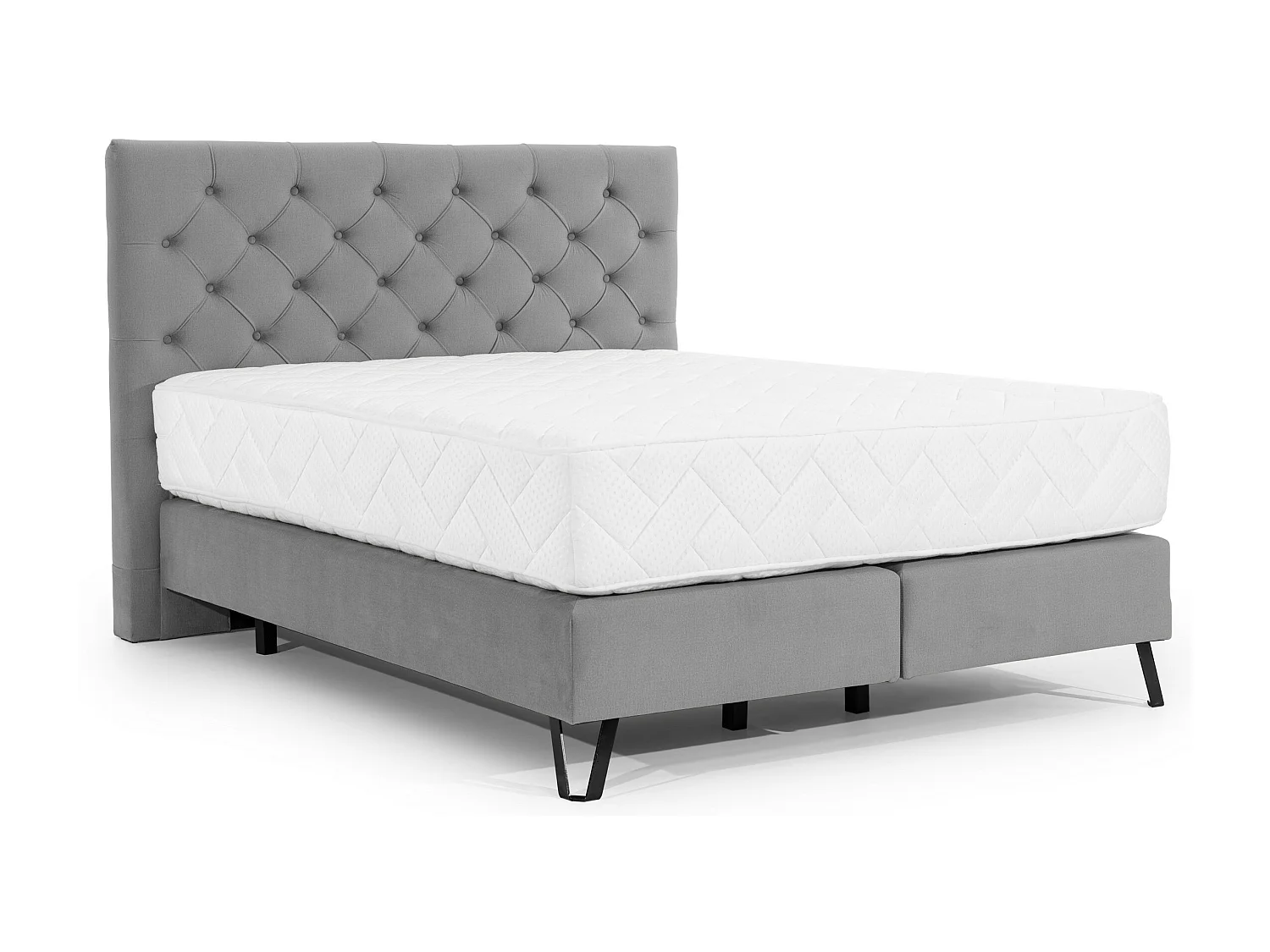 Lit continental capitonné tissu gris Pozza avec matelas 30cm en latex et pied métal noir-180x200