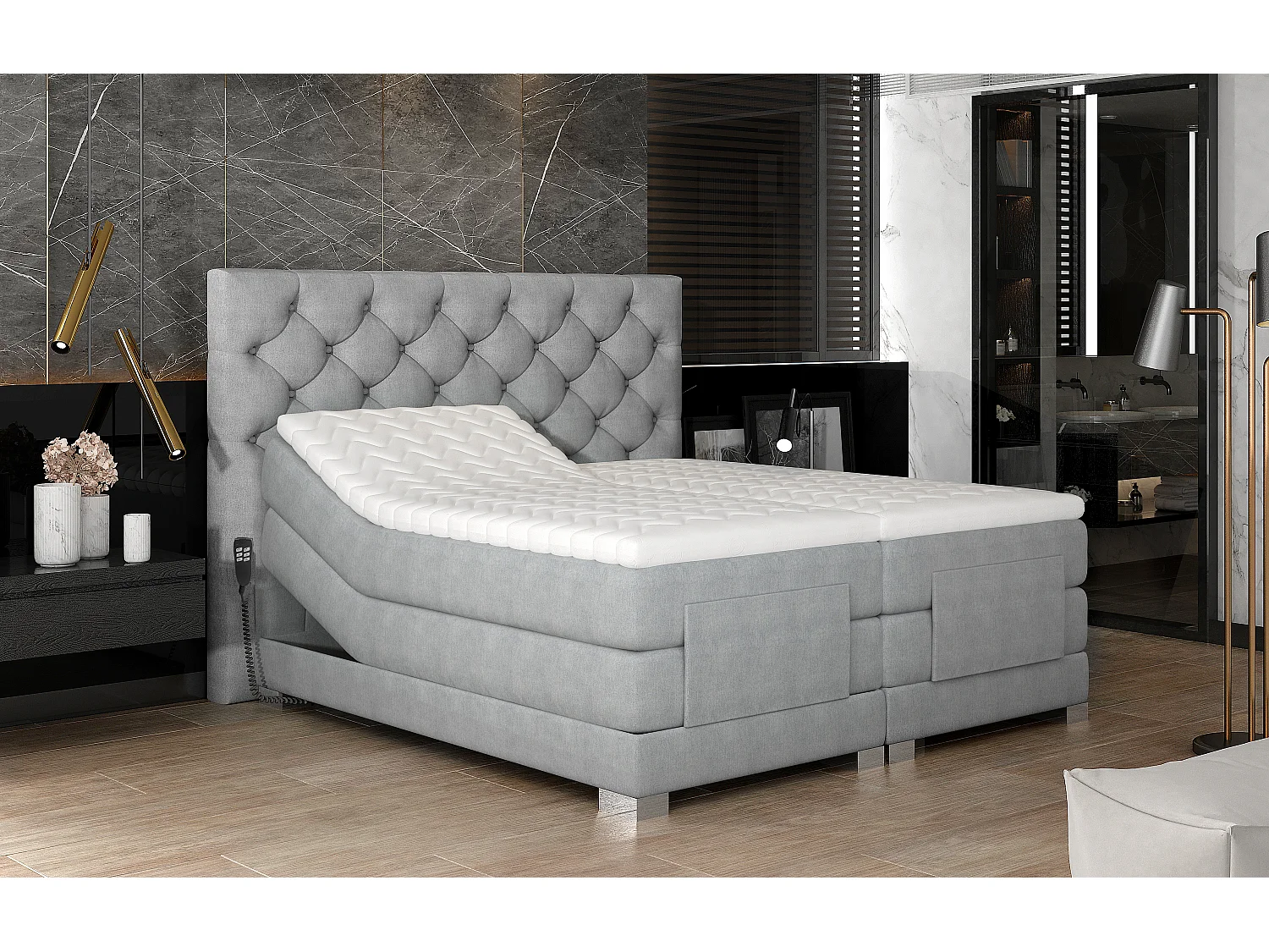 Lit continental électrique velours vert avec matelas et surmatelas Karmen-90x200