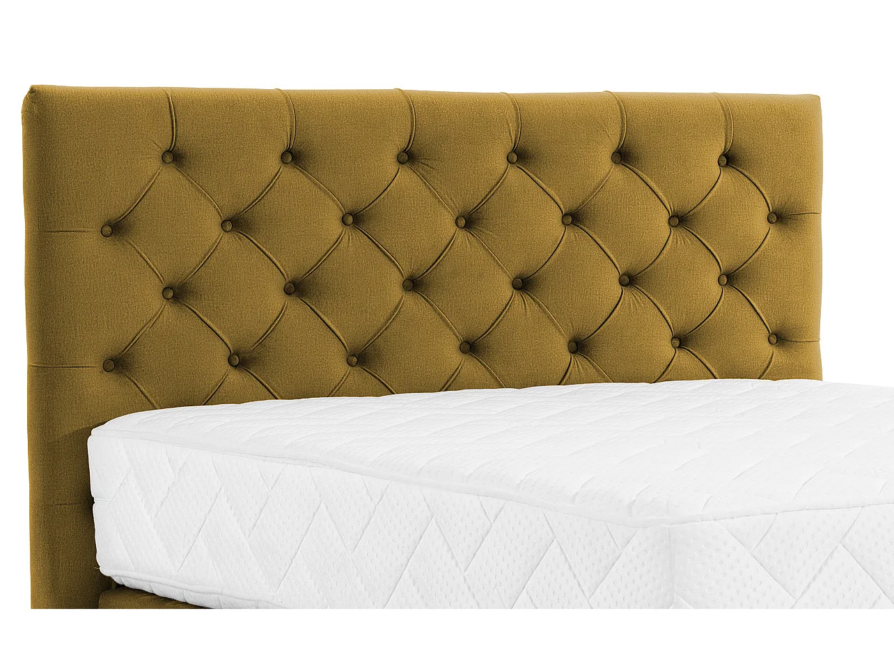 Lit continental capitonné tissu jaune moutarde Pozza avec matelas 30cm en latex et pied métal noir-140x200